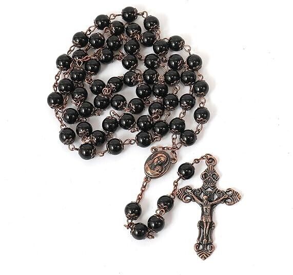 Natural Black Obsidian Vintage Design Rosary Stone Beads Necklace 8mm