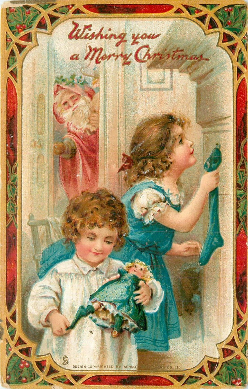 1911 Santa Claus Merry Christmas - Peeking on Little Girls Postcard