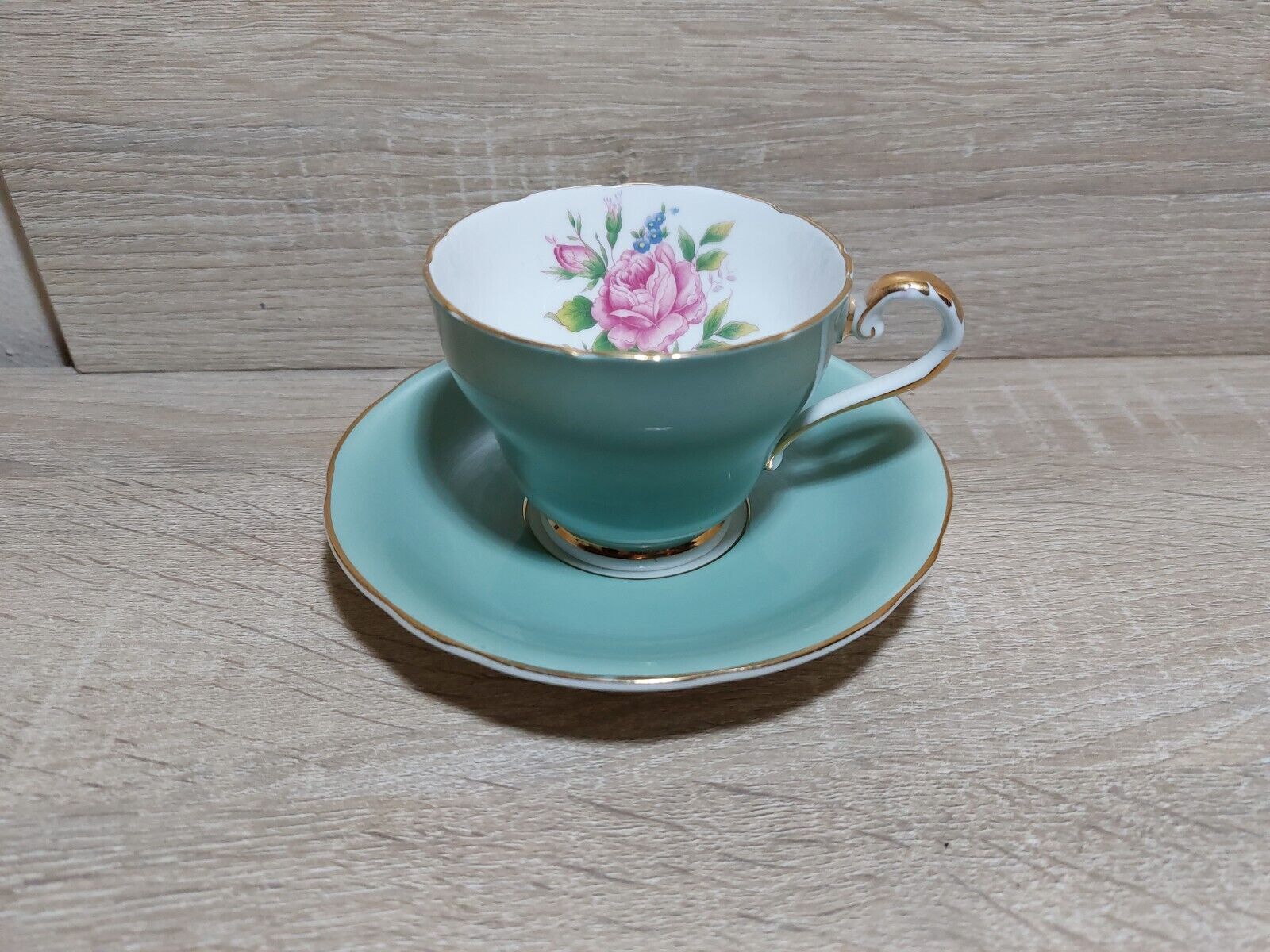 Aynsley Cup and Saucer, Bone china from England, turquoise w/florals