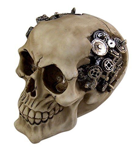 Steampunk Cyborg Protruding Gear Work Human Skull Statue Clockwork Gear Design S