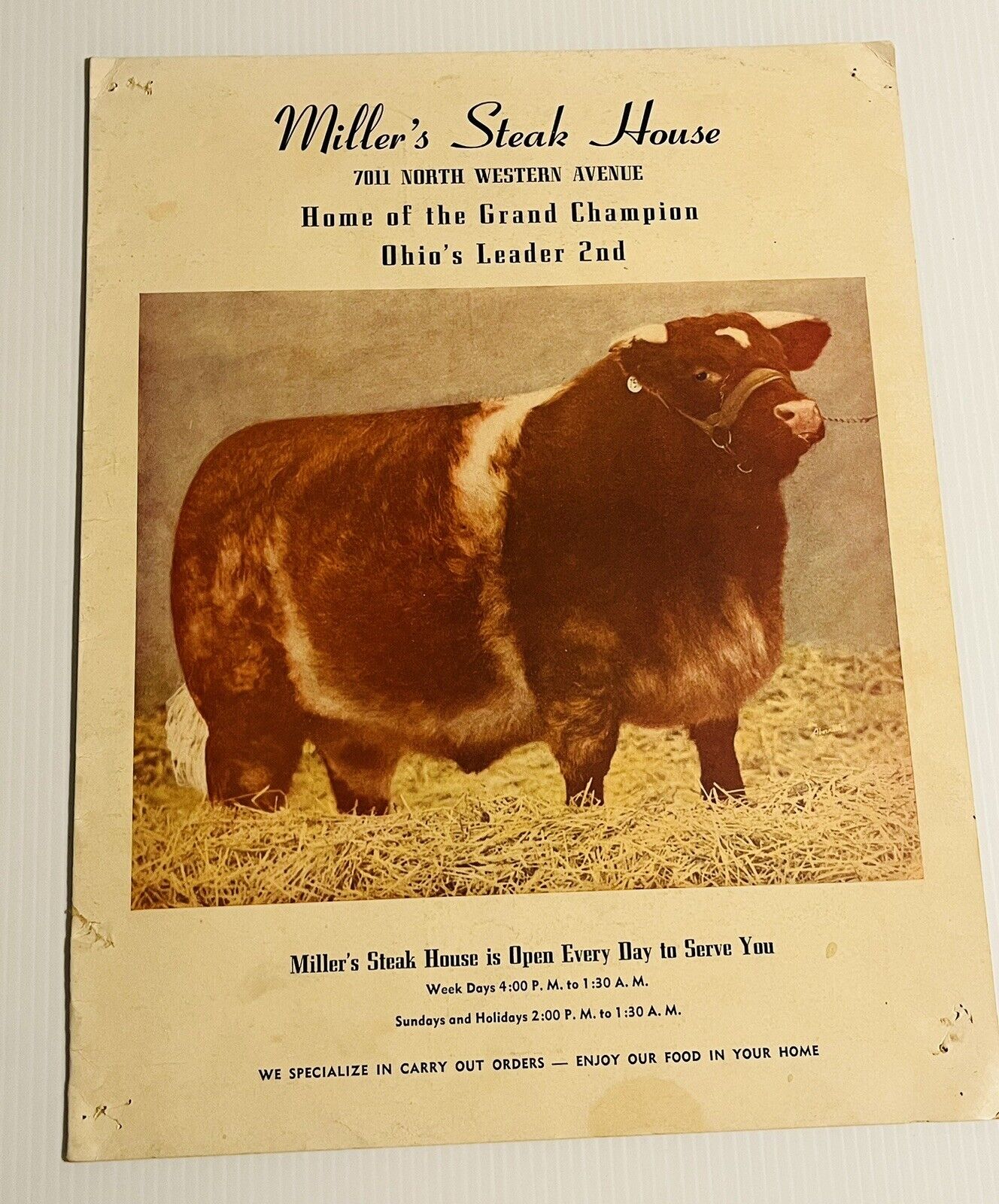 Vintage 50\'s Restaurant Menu Miller\'s Steak House Chicago 7011 North Western Av