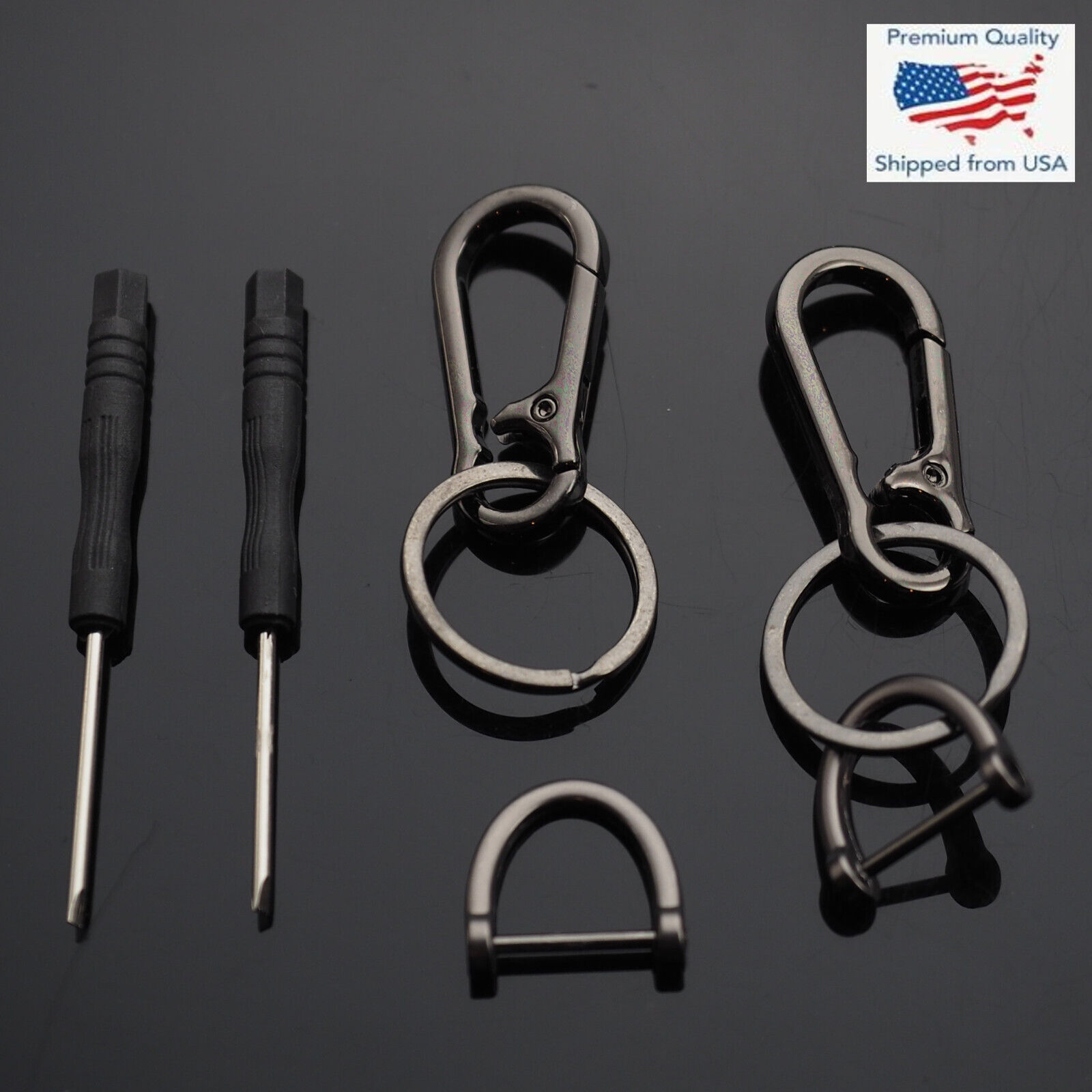2x Keychain Key Ring Carabiner Clip Bag Keyring Chain Fob D-Ring Holders - Black
