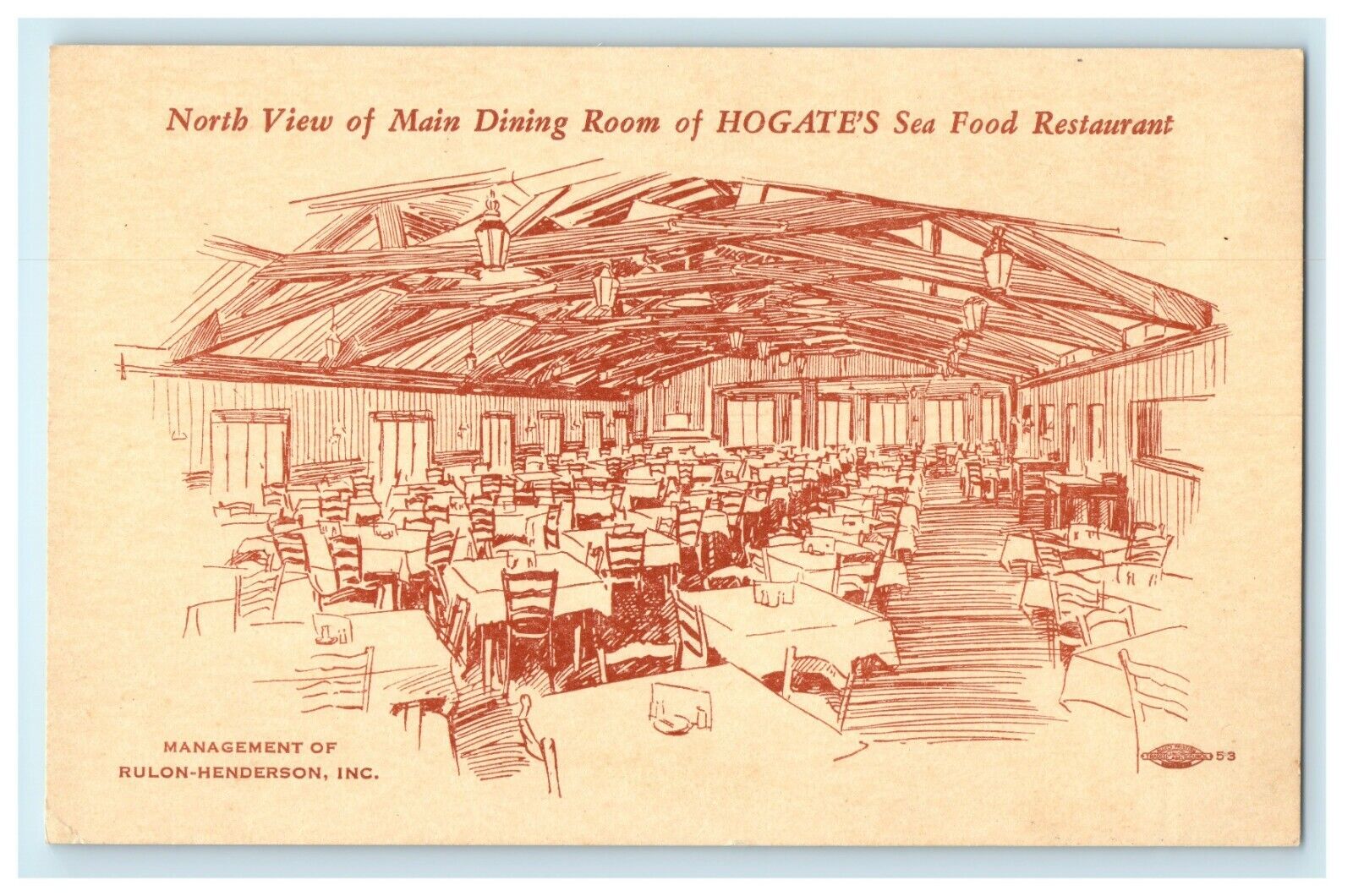 1953 North View of Main Dining Room of Hogate's Seafood Restaurant Postcard