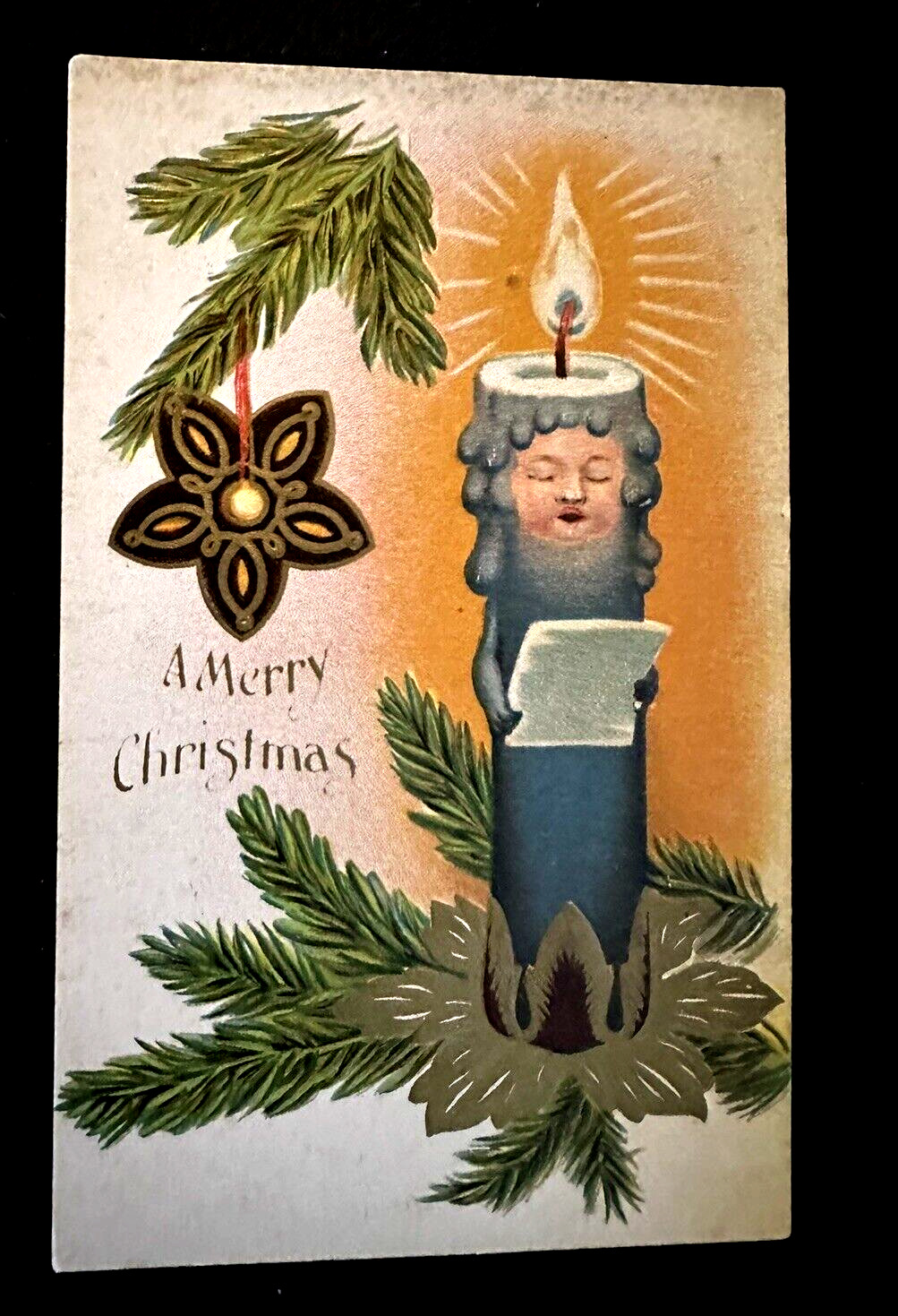Candle with Face ~Antique~Anthropomorphic Christmas Fantasy Postcard~k527