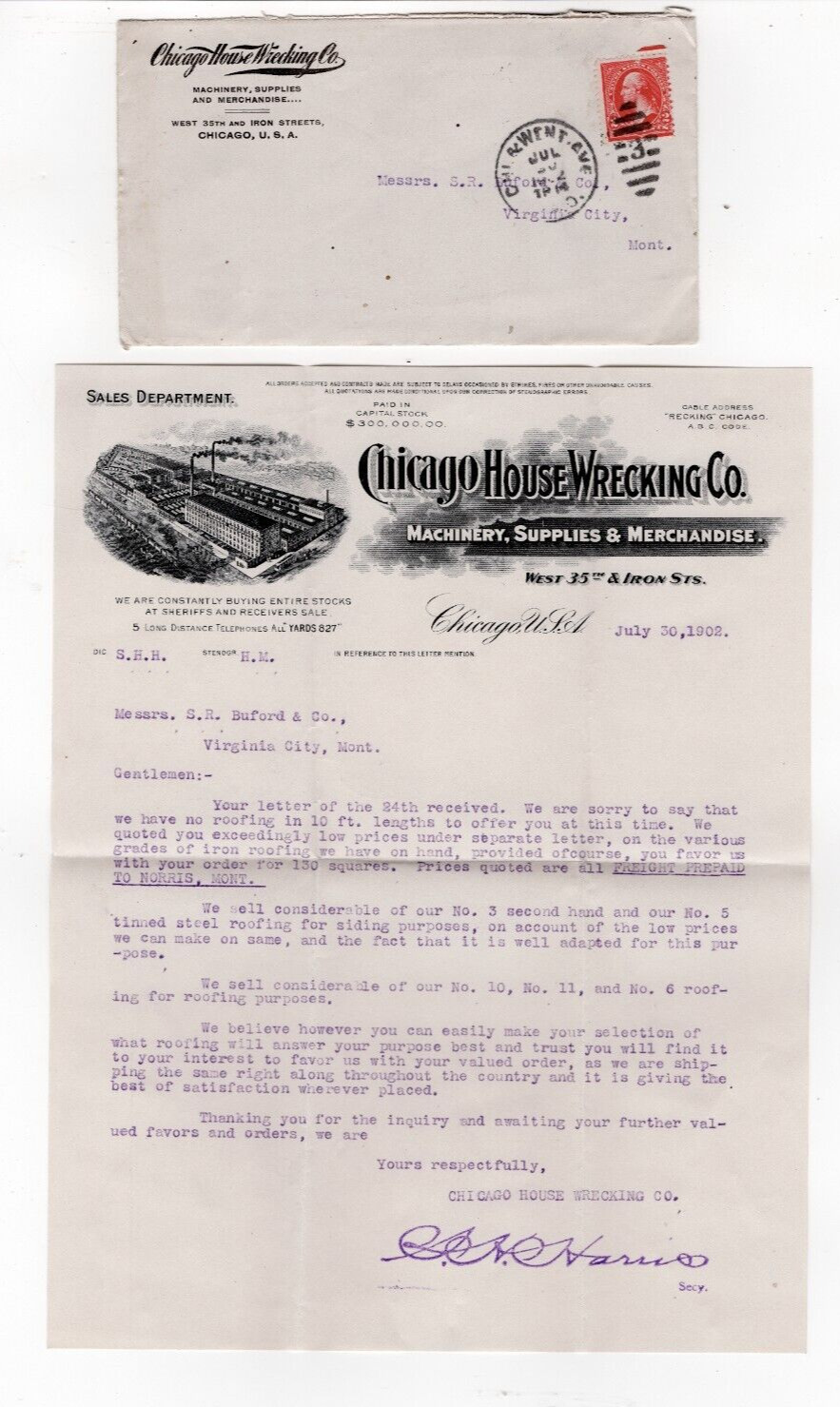 1902 Chicago House Wrecking Co. Cover and Letterhead RE: Material Inquiry