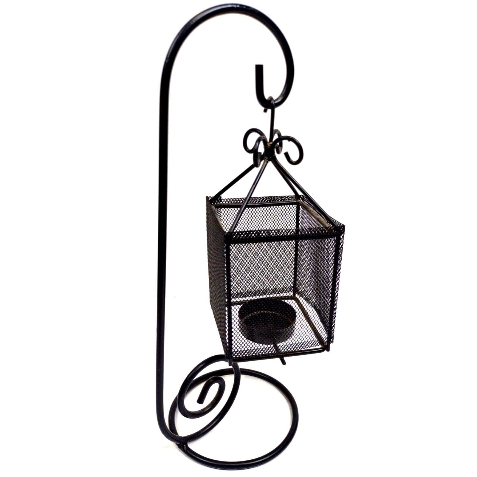 Vintage Hanging Lantern for Votive Candle Antique Look Black Metal Stand Basket