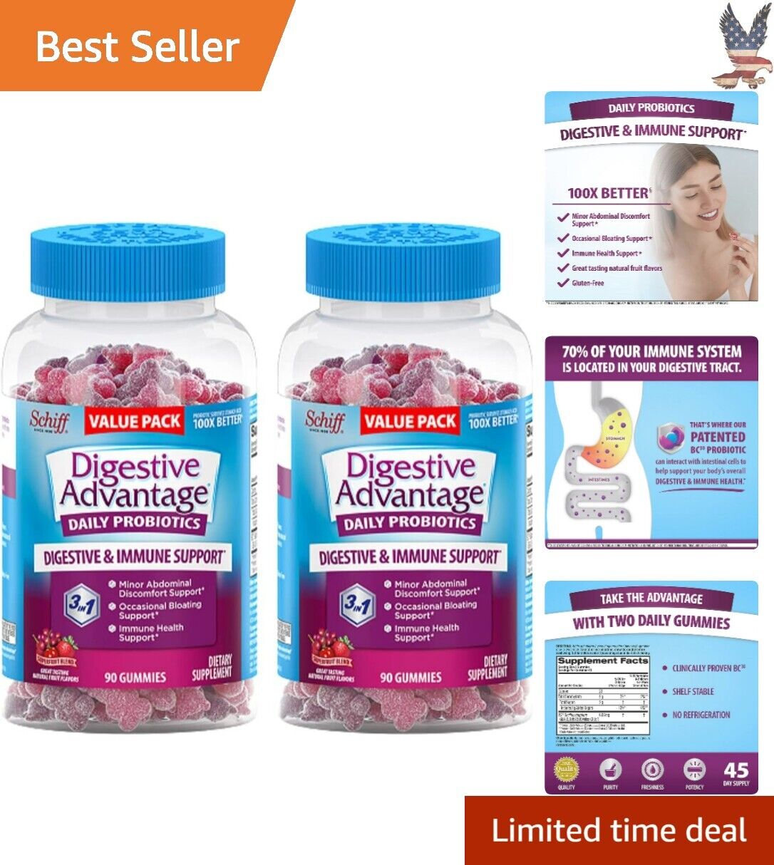 Premium Immune Support Probiotic Gummies - Superfruit Flavor - 2x90ct Bottles