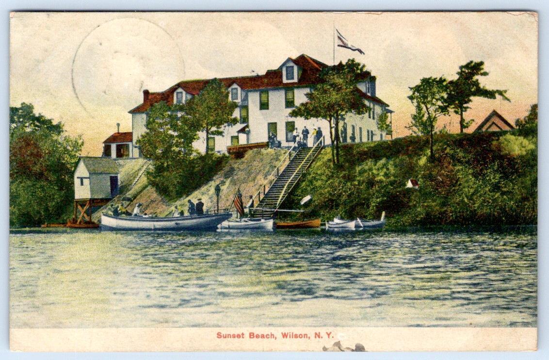 1908 SUNSET BEACH WILSON NEW YORK NY HOTEL BOAT PEOPLE AMERICAN FLAG POSTCARD