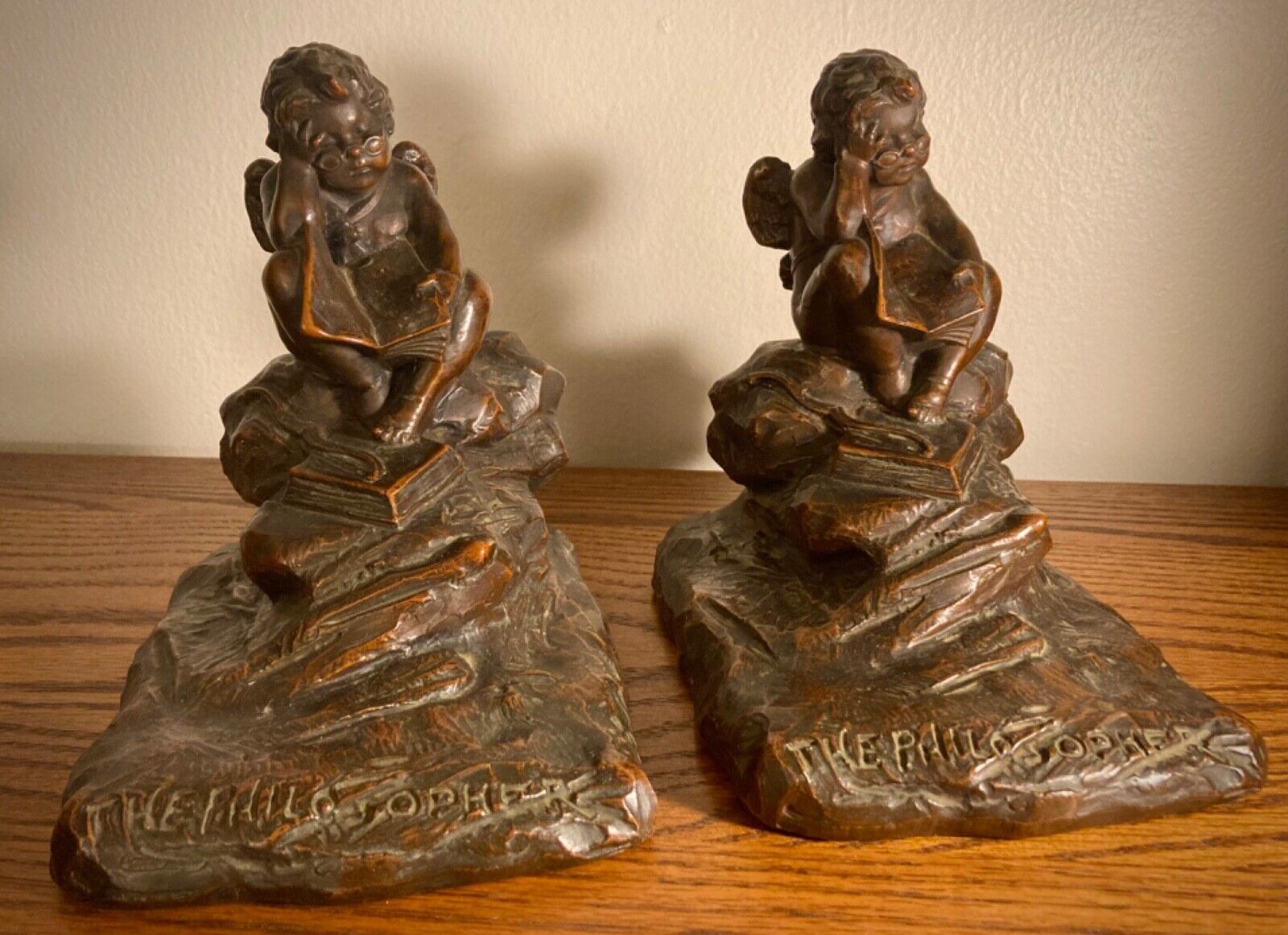 ANTIQUE CHERUB /CUPID THE PHILOSOPHER BOOKENDS Made in USA ~ Bronze Patina