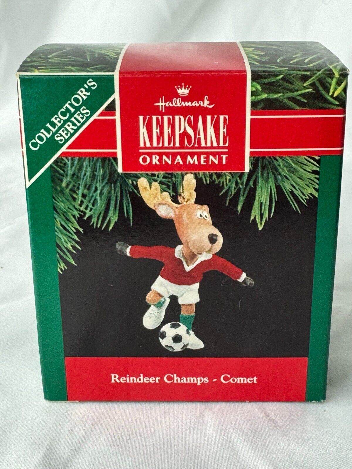 1990 Hallmark Keepsake Ornament REINDEER CHAMPS #5 in series COMET, soccer- NIB