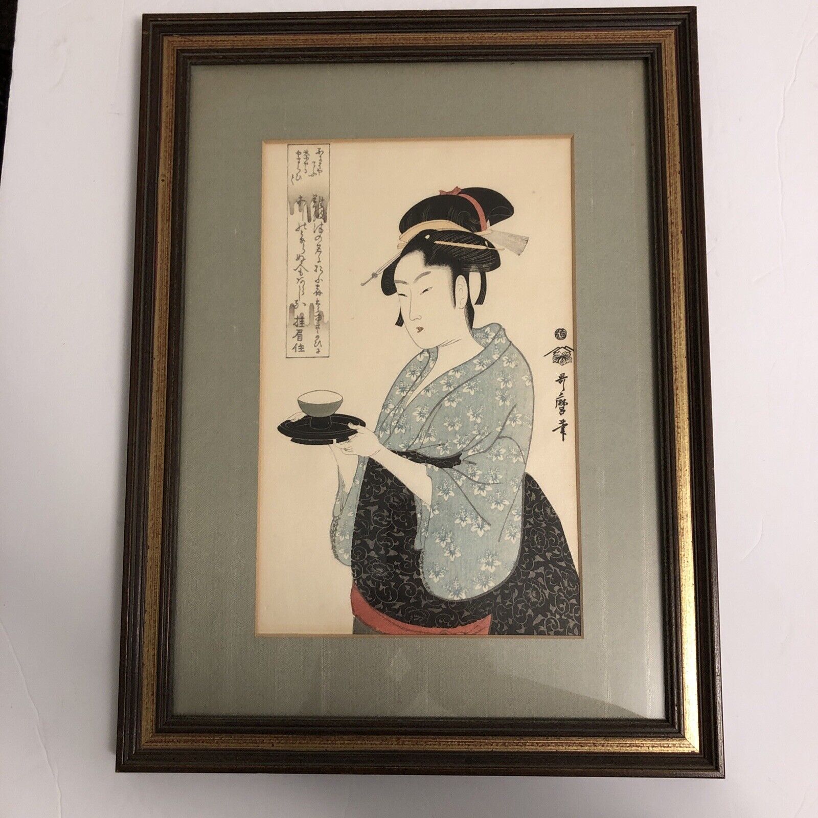 Japanese Handmade Ukiyo-e Woodblock Print Naniwaya Okita KITAGAWA UTAMARO Framed