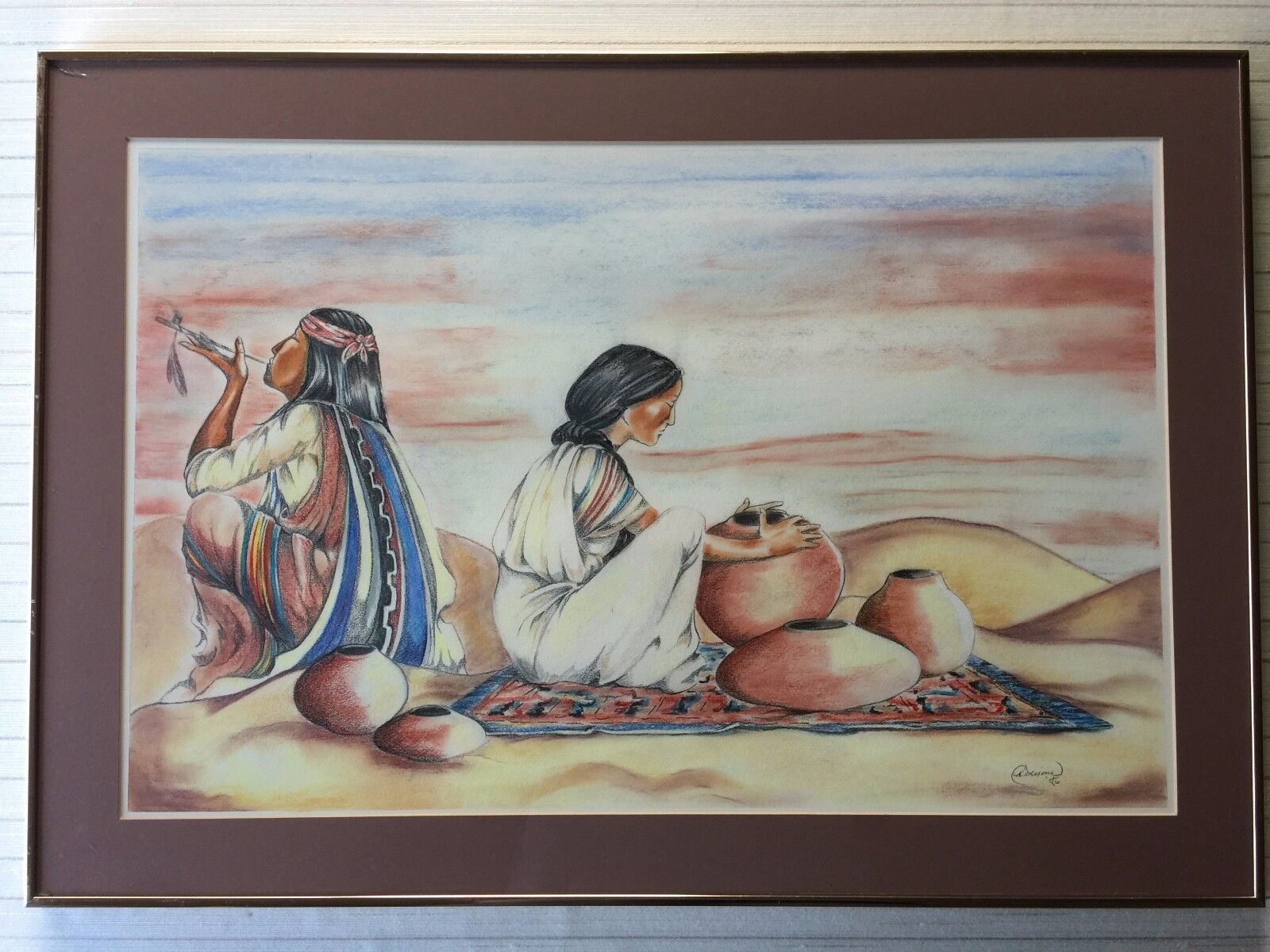 Original Pastel Painting Native Indian Woman & Man w/Pottery, Signed by Artist