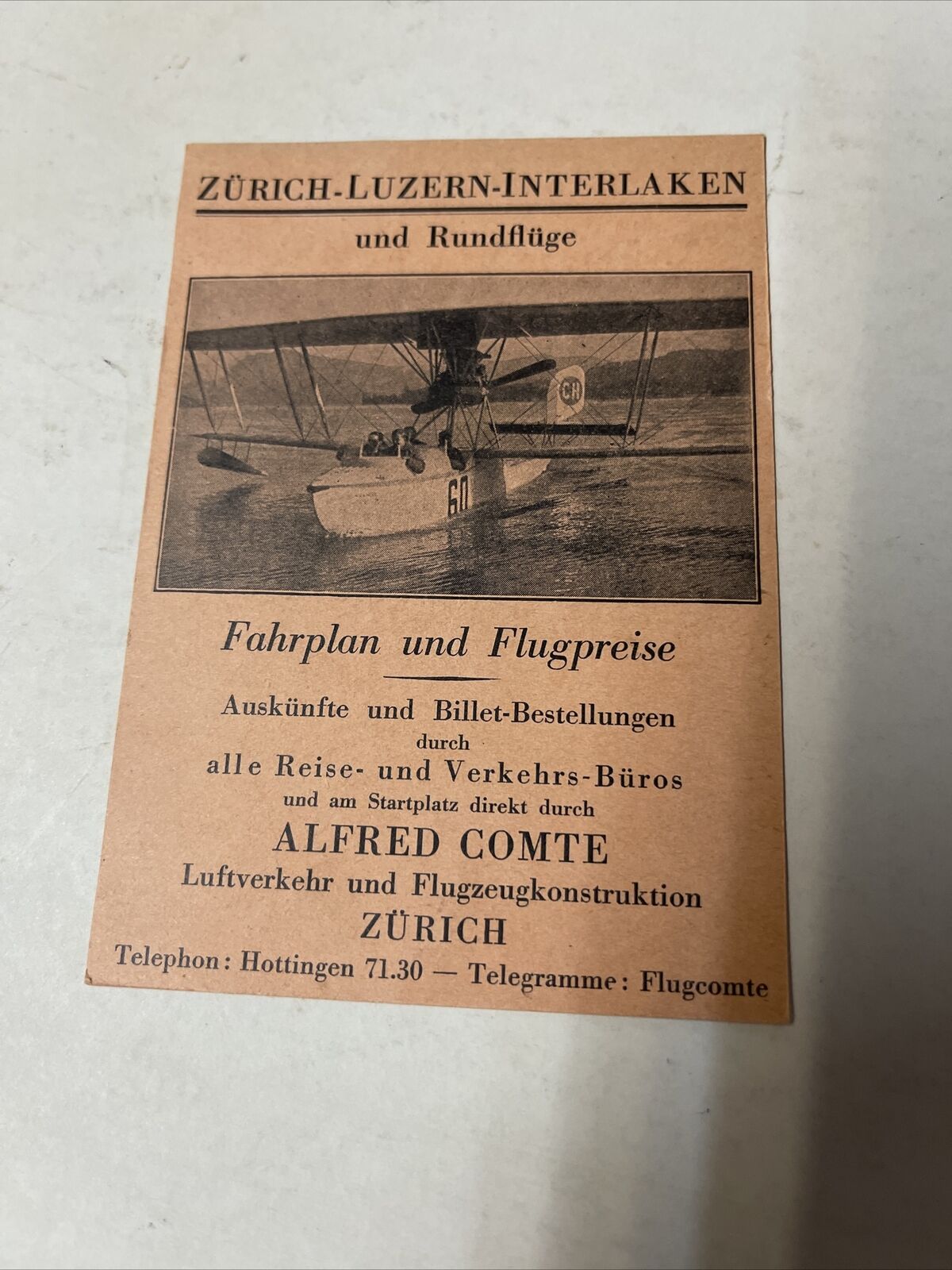 Zurich Luzern Interlaken 1919-21 TIMETABLE SCHEDULE Brochure flight cover Rare