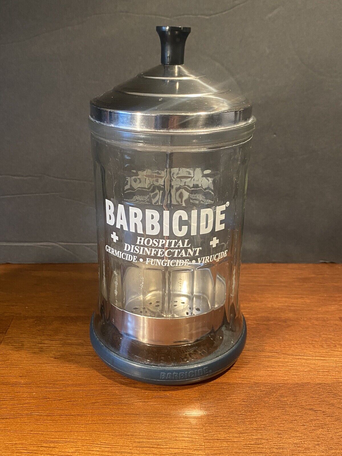 Vintage King Research 8 BARBICIDE Plus Disinfectant Jar Strainer Blue Base 1960s