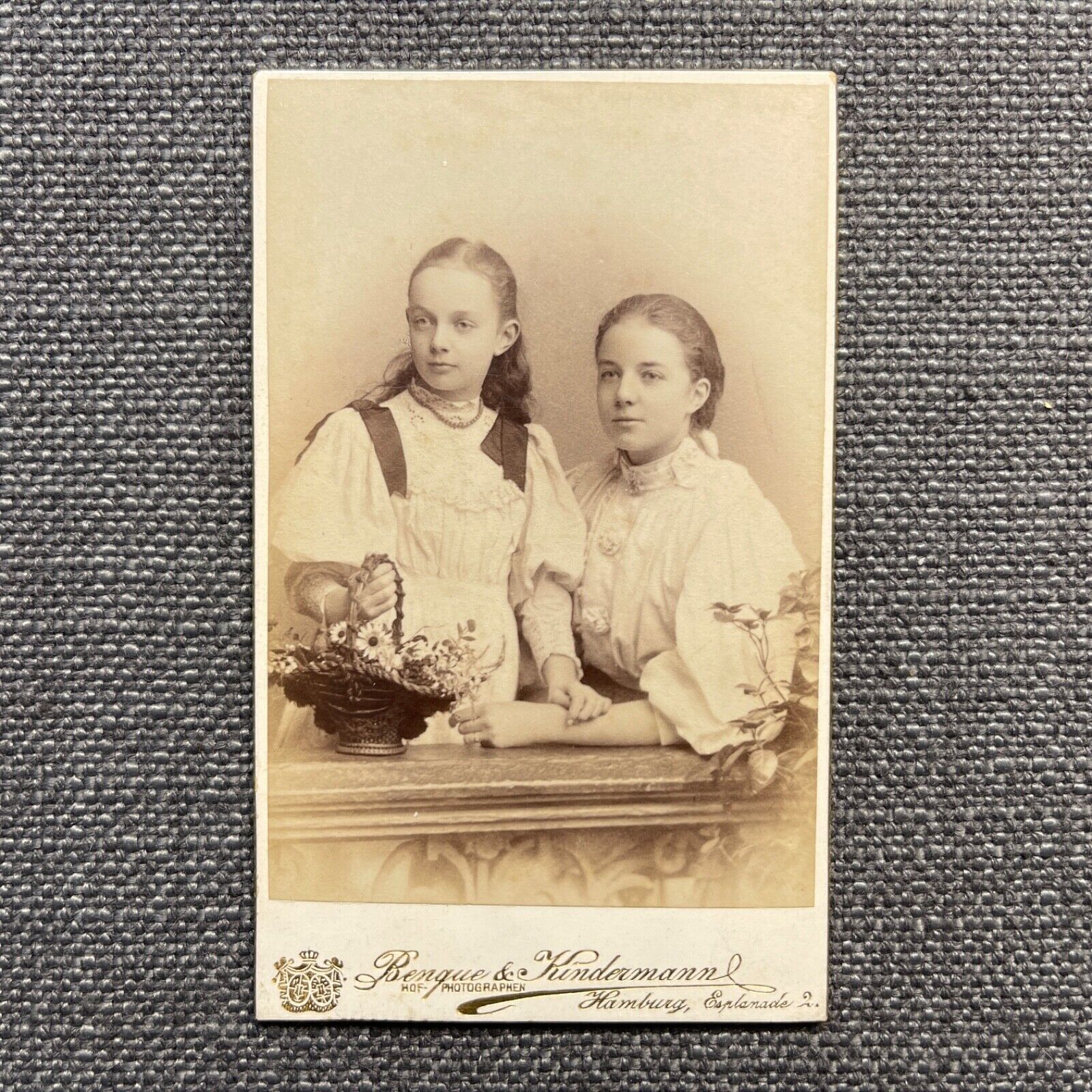 CDV Photo Antique Portrait Two Girls Sisters with Flower Basket Germany