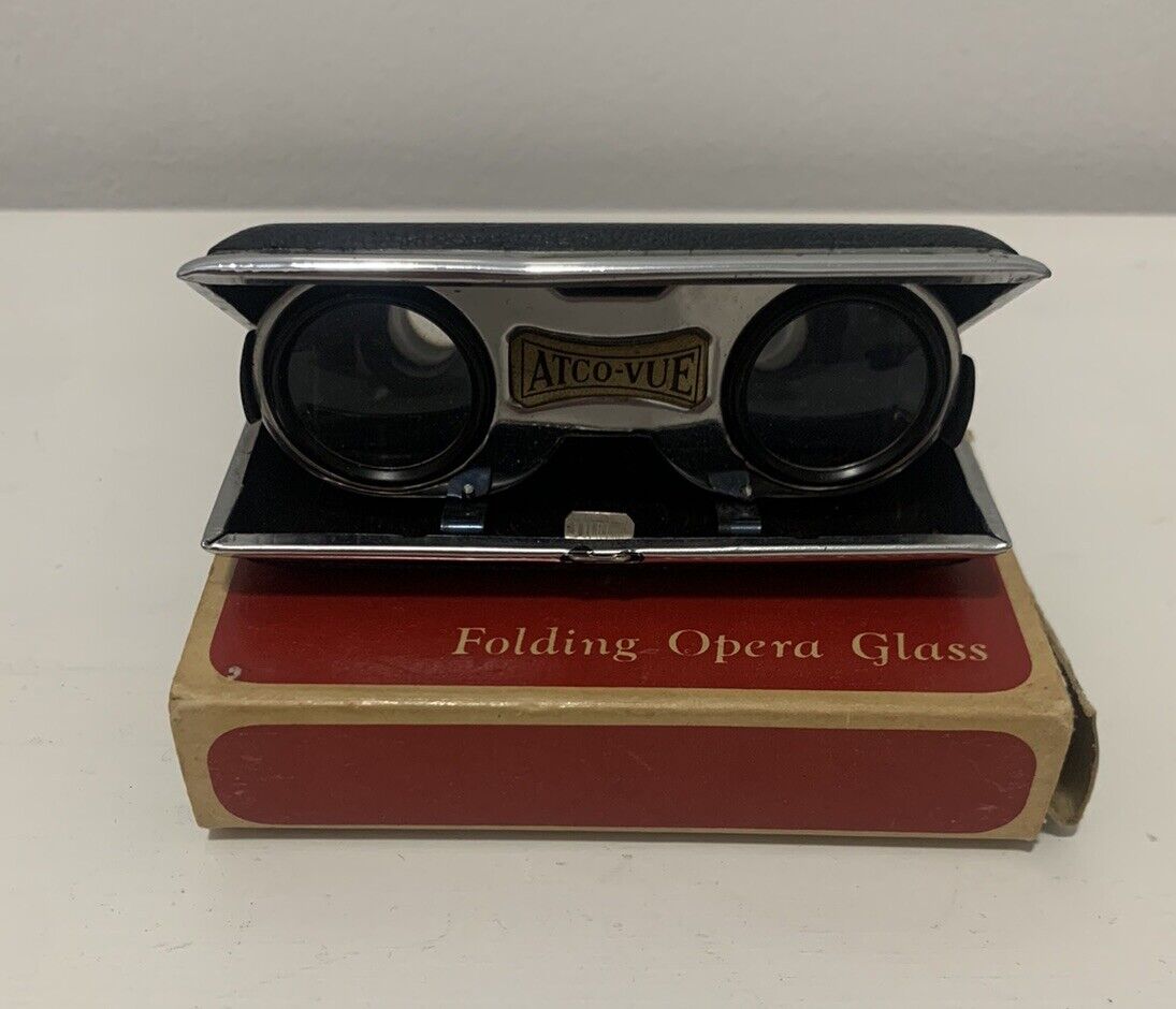 Vintage ATCO-VUE Binoculars/Opera Glasses With Coated Lenses, Original Box/Navy