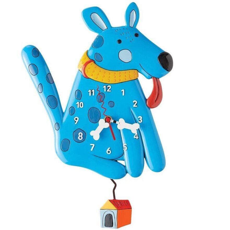 ✿ New ALLEN DESIGNS Swing Pendulum Wall Clock BLUE BUDDY DOG House Bone Decor