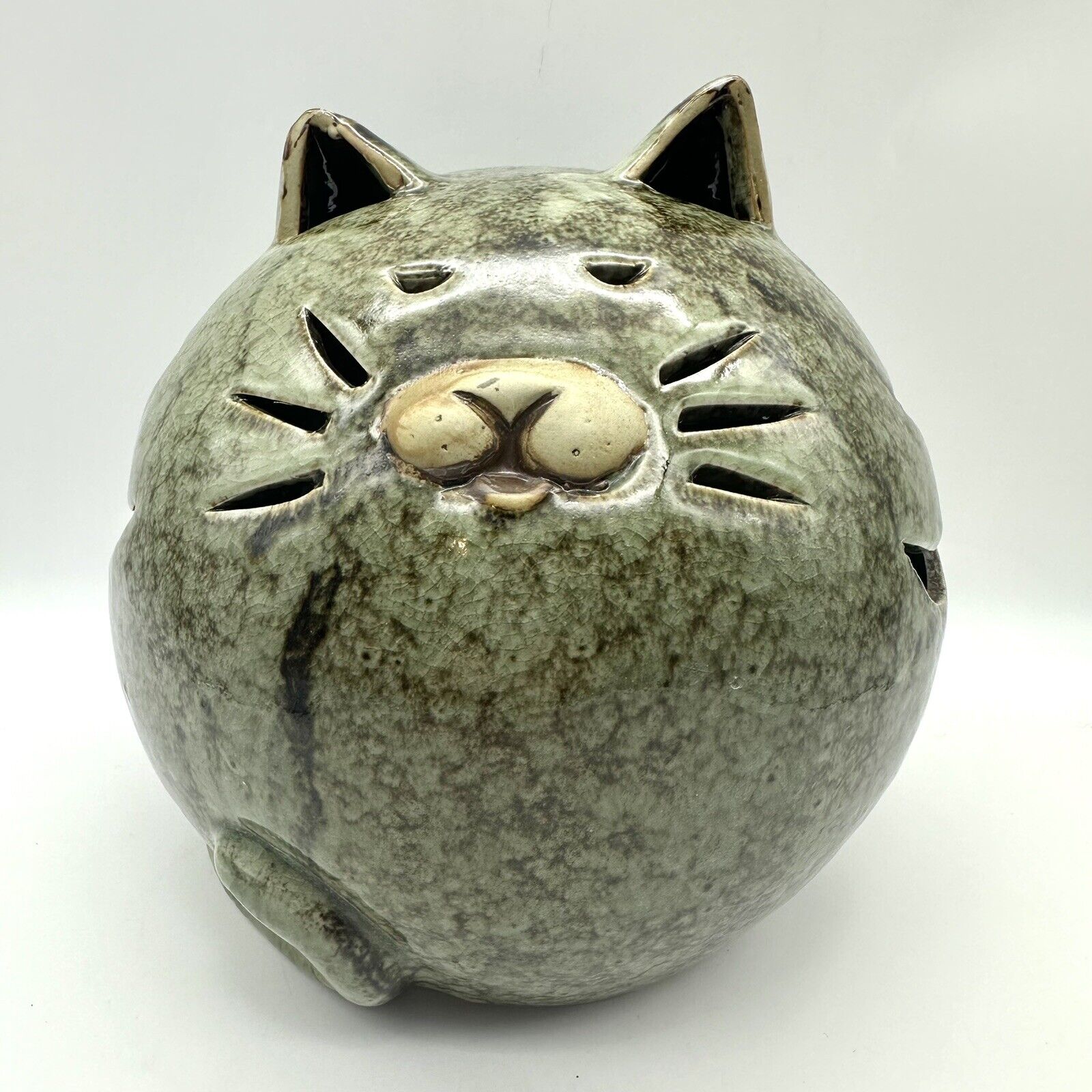 VTG. GREEN CAT SPHERE POTTERY SCULPTURE  APX. 9” W × 8” TALL