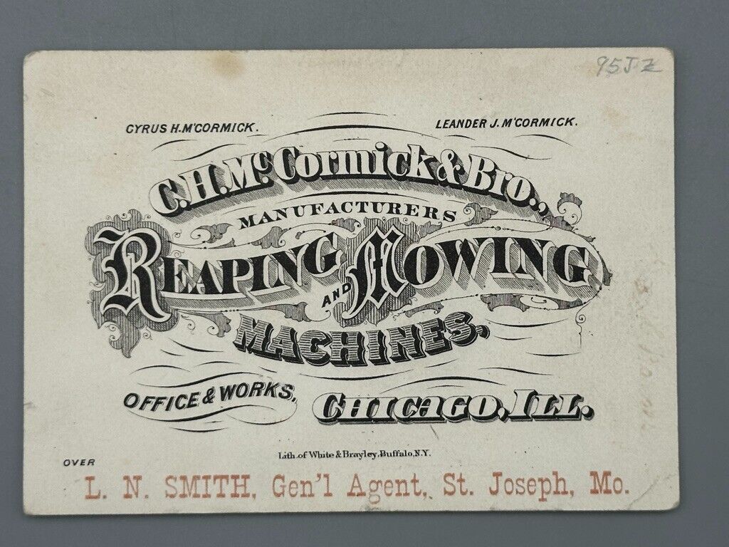 1870s McCORMICK Reaping Mowing FARM Advertising LITHO Business Trade Card