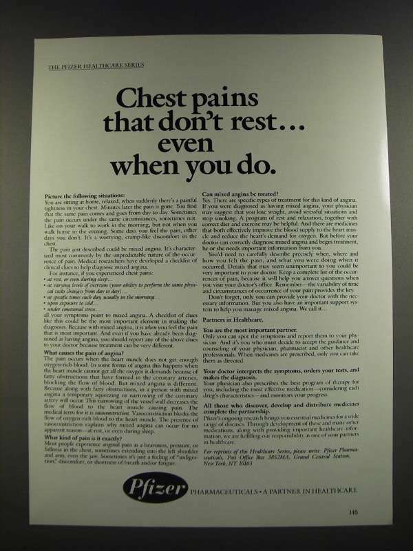 1986 Pfizer Pharmaceuticals Ad - Chest Pains That Don\'t Rest