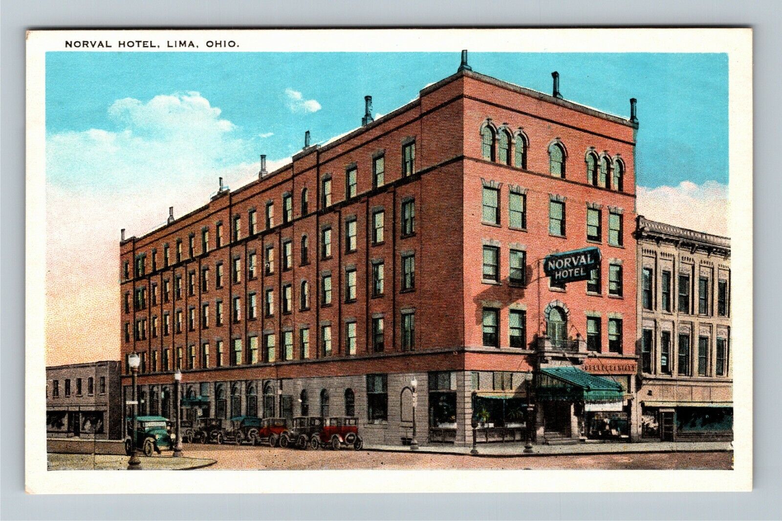 Lima OH-Ohio, Norval Hotel, Period Cars, Antique Vintage Souvenir Postcard