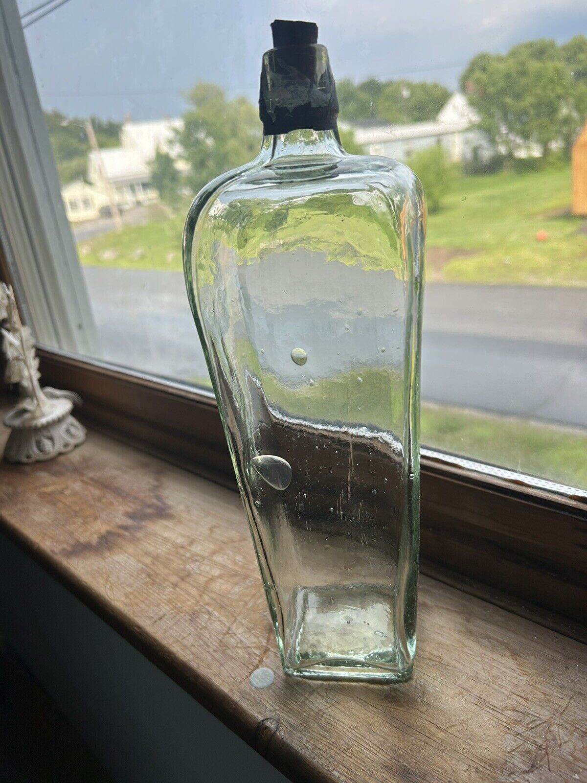 RARE 18th Century Clear Square Pontile Green Tinted Gin Bottle  Original Cork