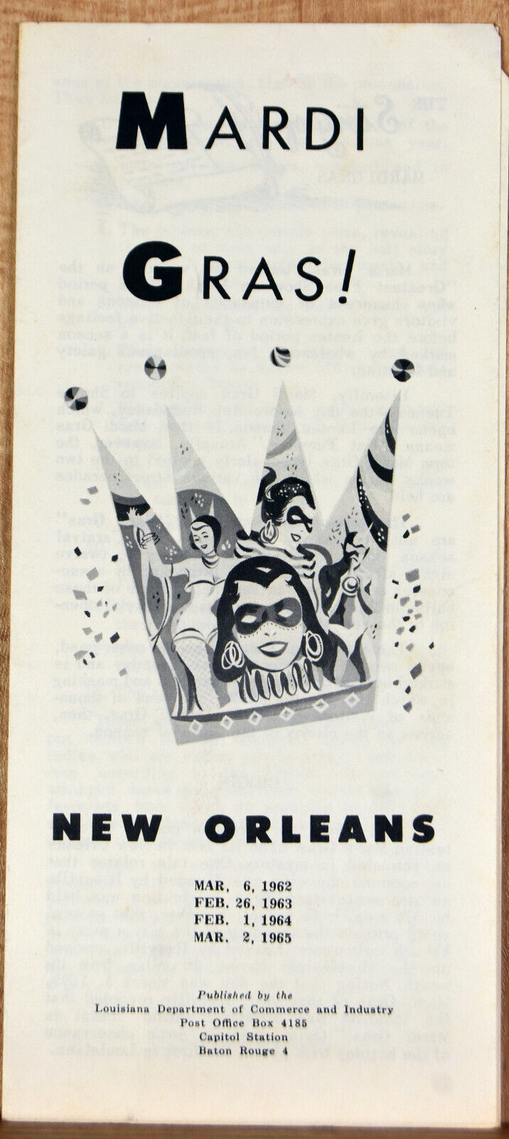 1962 Vintage Flyer Pamphlet Mardi Gras Louisiana New Orleans Parades Carnival