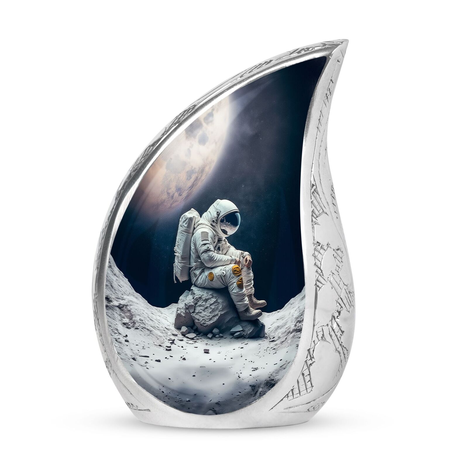 Discover the \'Astronaut Suit Sitting on Cracked Stone\' - Unique Urns For Adults
