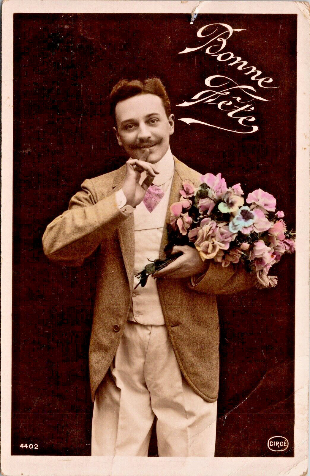 RPPC Man With Bouquet PastelTint Gel Card Mustache Vest Studio P.U. 1912 (N-133)