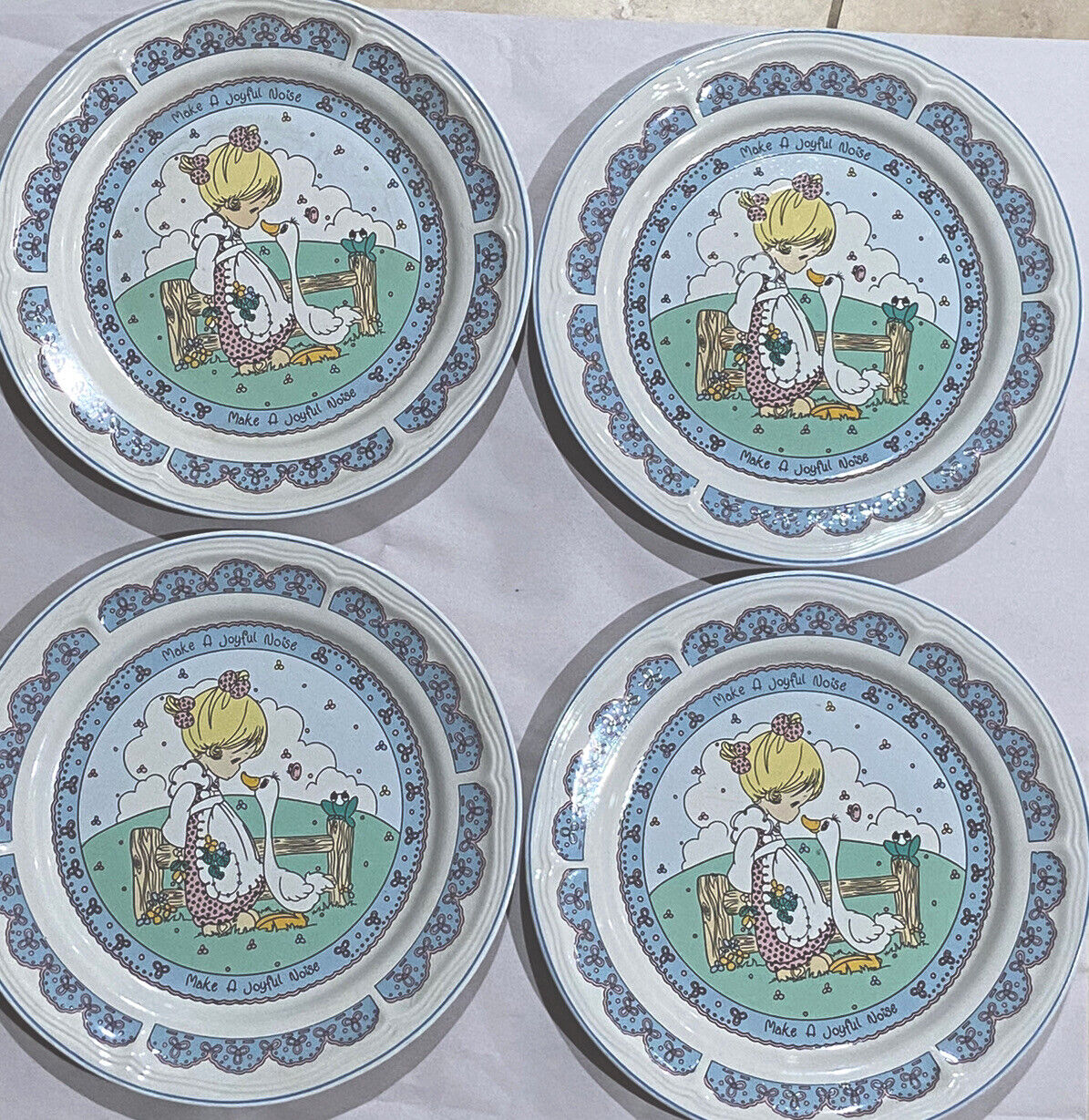 Vintage Precious Monents Make a joyful Noise farm blue white 11” 4 dinner plates