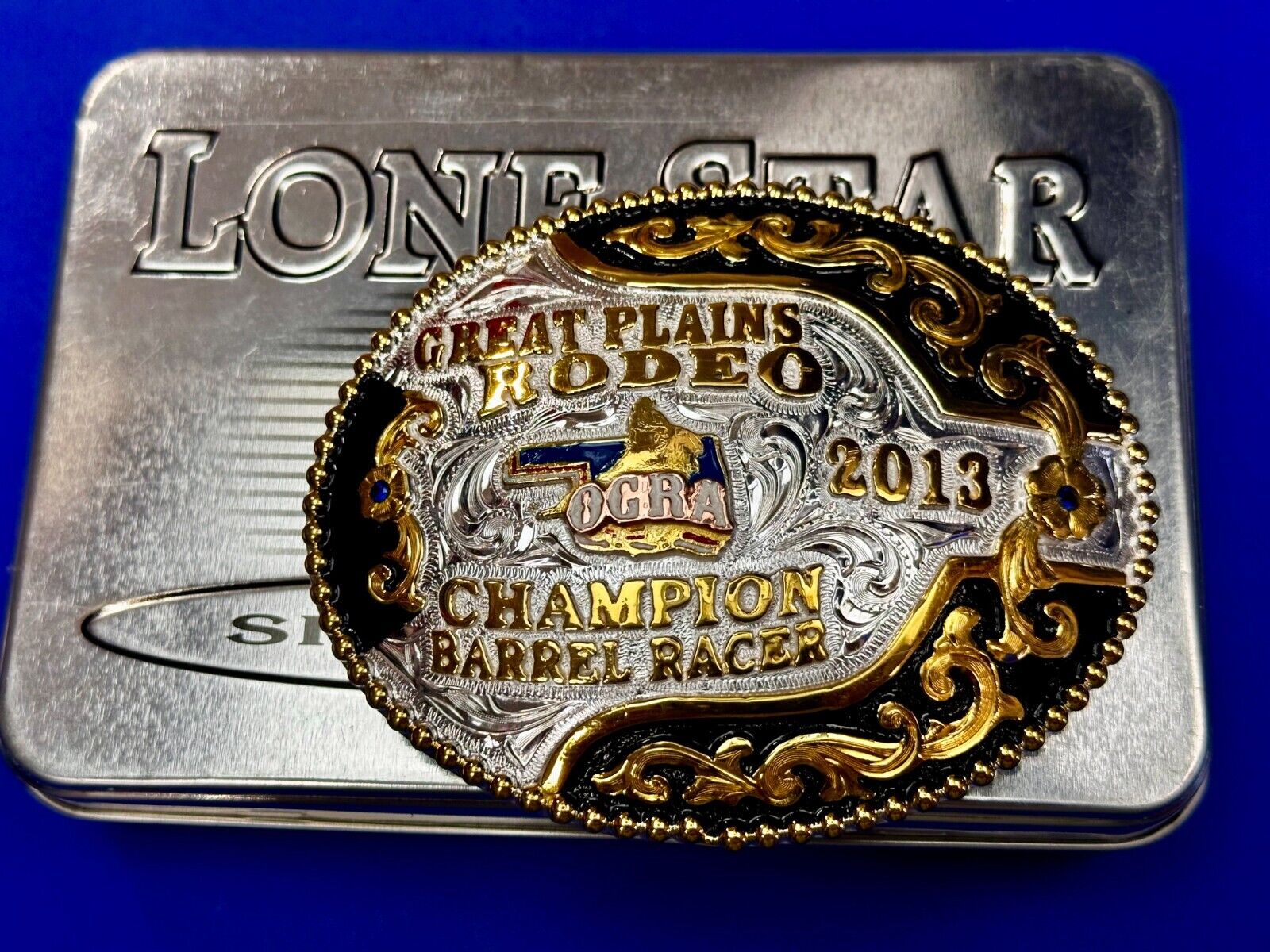 Great Plains Rodeo Champion Barrel Racer Trophy Lone Star Belt Buckle