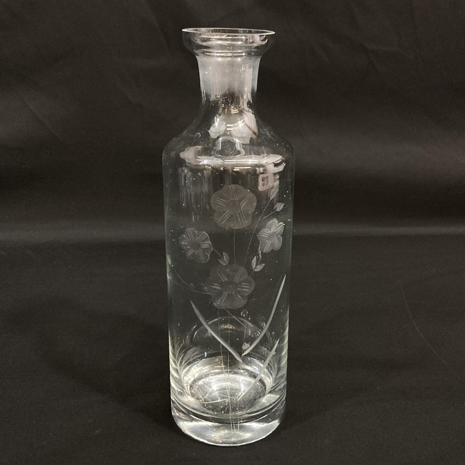 Vintage Clear Etched Glass Floral Decanter No Stopper 10.25 Inch