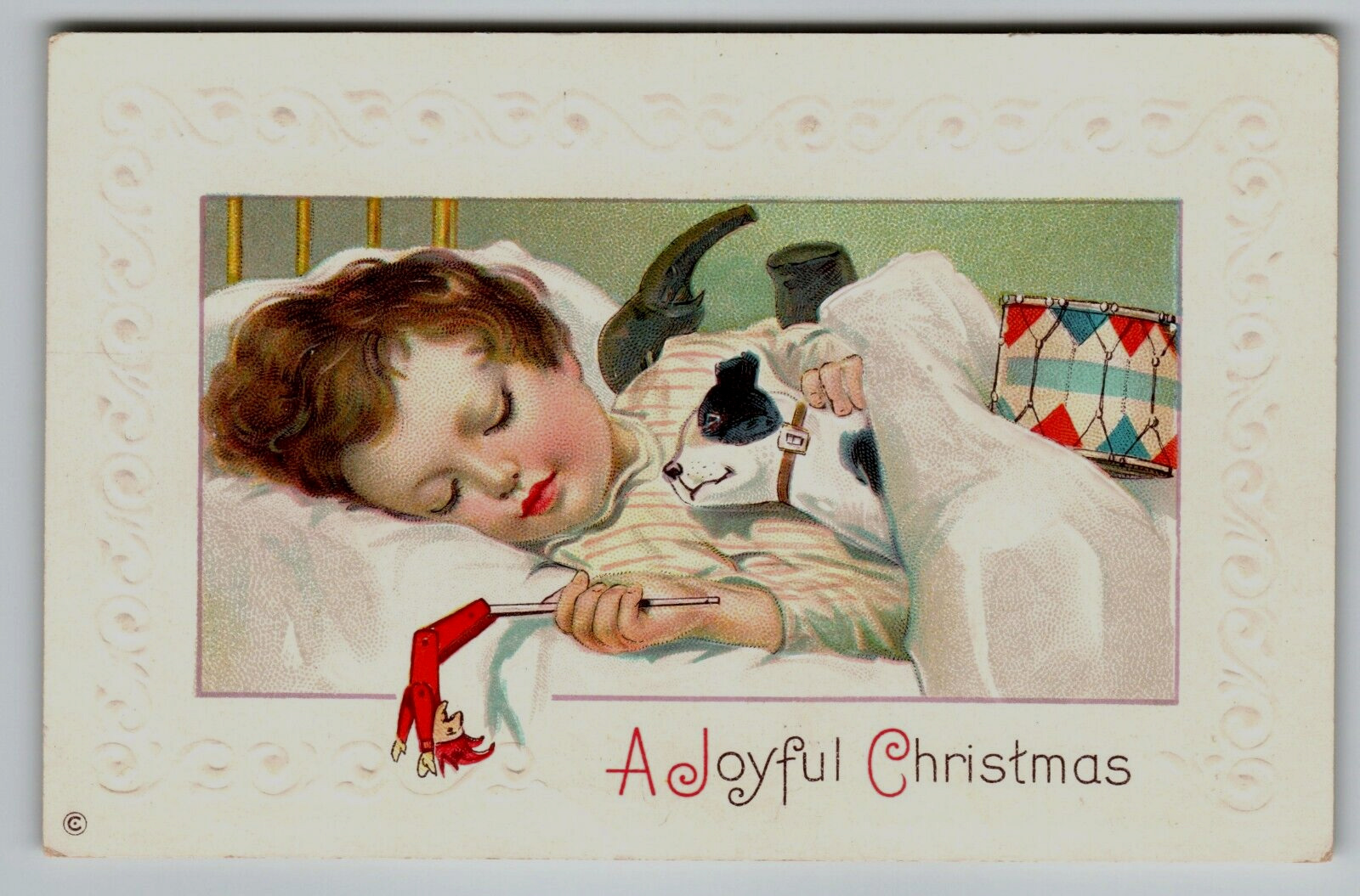 Christmas Postcard Child Sleeping With Spotted Dog Jester Stecher 338 D Embossed