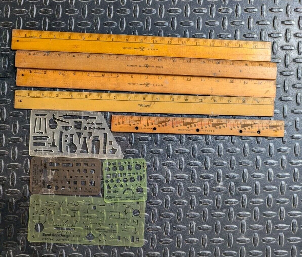 Lot 5 Vintage Wood Rulers Falcon Westcott Plus 4 Electrical/Inking Templates  