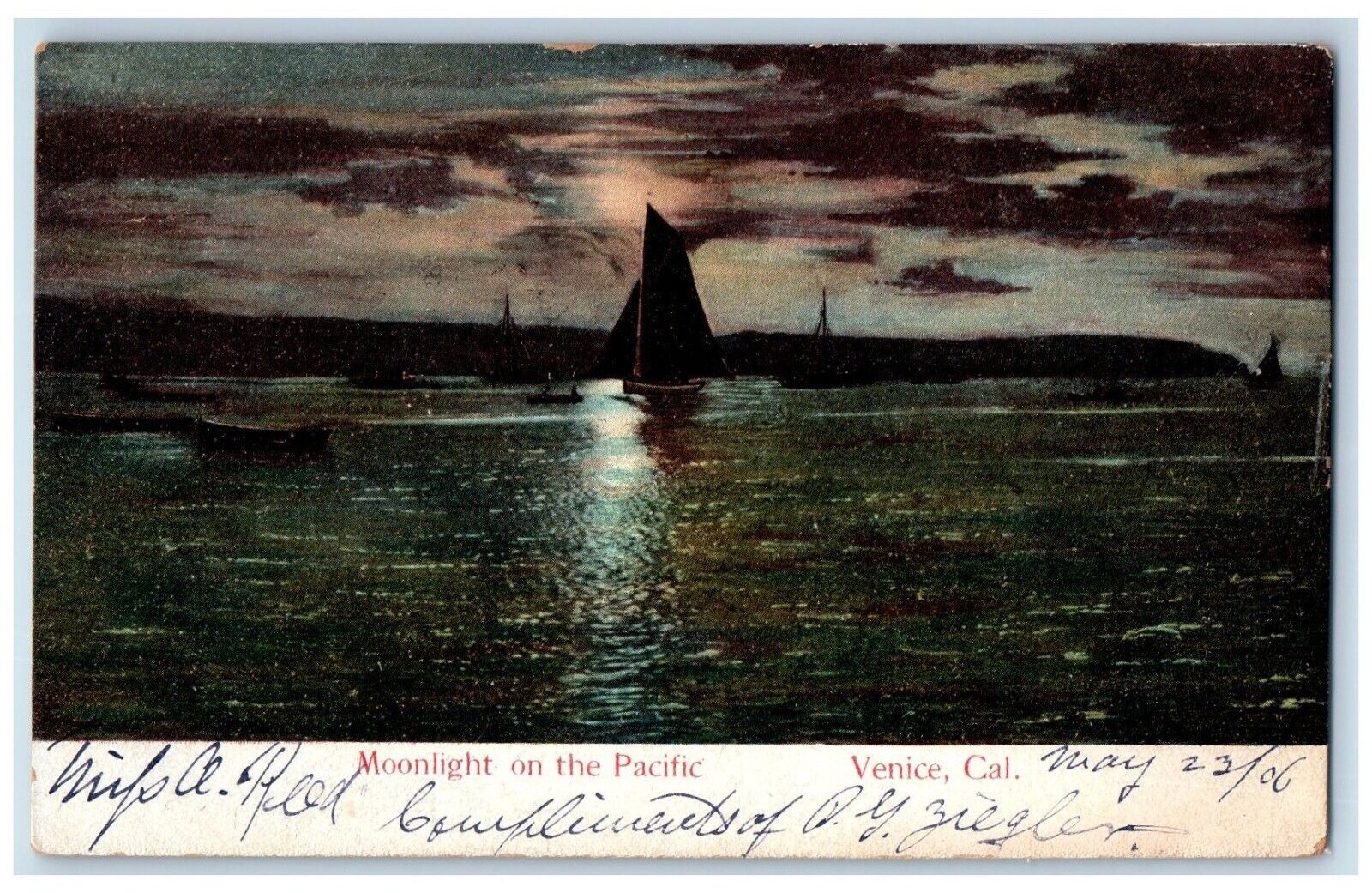 1906 Moonlight Pacific Night Venice Pomona California CA Antique Eagle Postcard