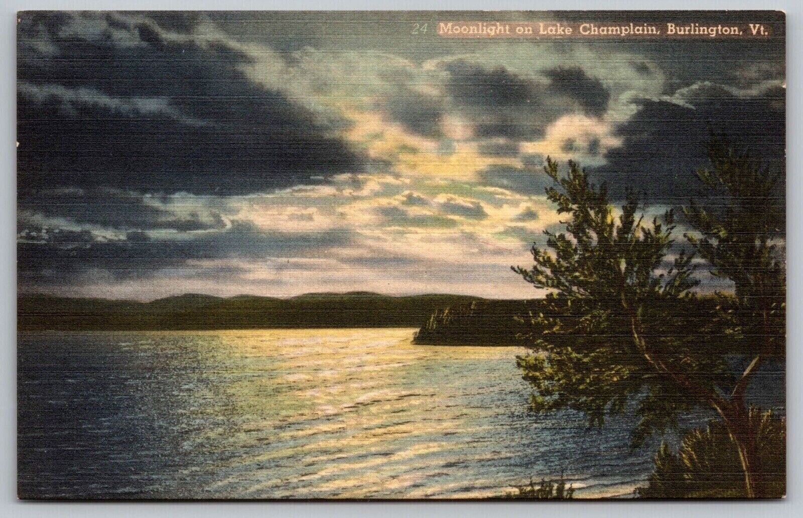 Moonlight View Lake Champlain Burlington Vermont Linen Mountains VNG Postcard