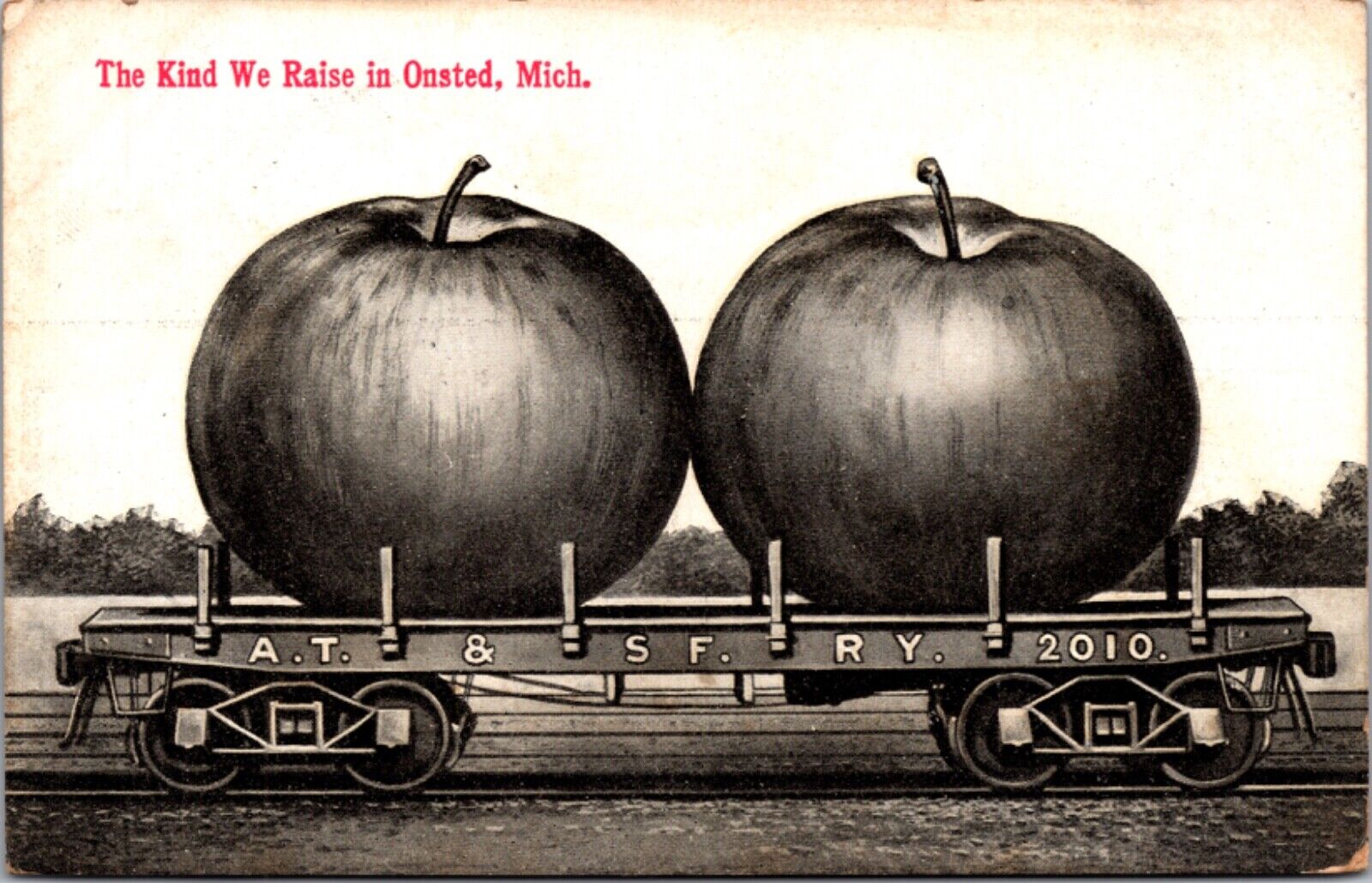 Exaggeration PC Giant Apples on Railroad Train Freight Car Onsted Michigan