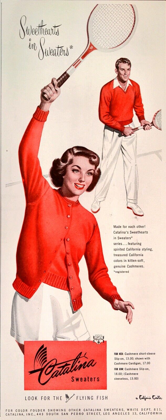 1949 Catalina Sweaters Fashion Couples Tennis Sports MCM Vintage Art Print Ad
