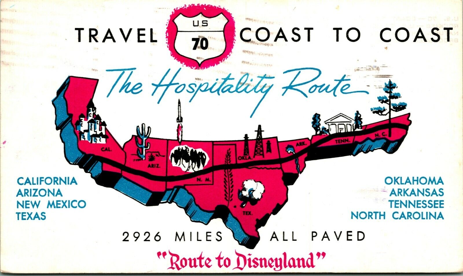 Highway 70 Route To Disneyland Hospitality Map Route 1960 Chrome Postcard D4