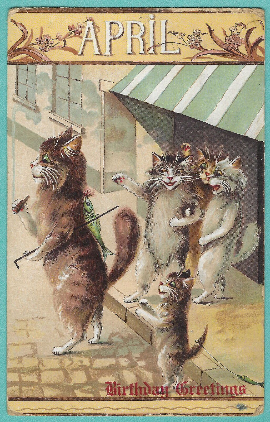 Vtg Anthropomorphic Cats Boulanger APRIL Birthday Wise Guys Antique PC UDB c1907
