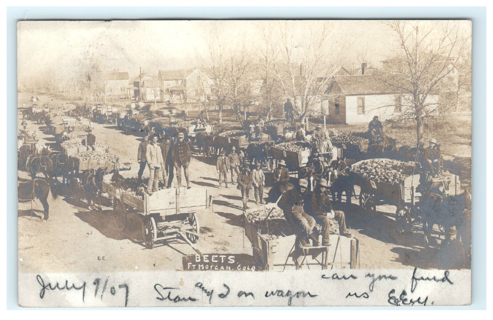 1907 Fort Morgan CO Colorado Beets Agricultural Wagons Street View RPPC Postcard