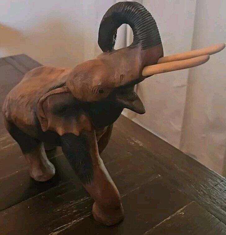 Vintage Wooden Elephant Statue Hand Carved Solid Wood 