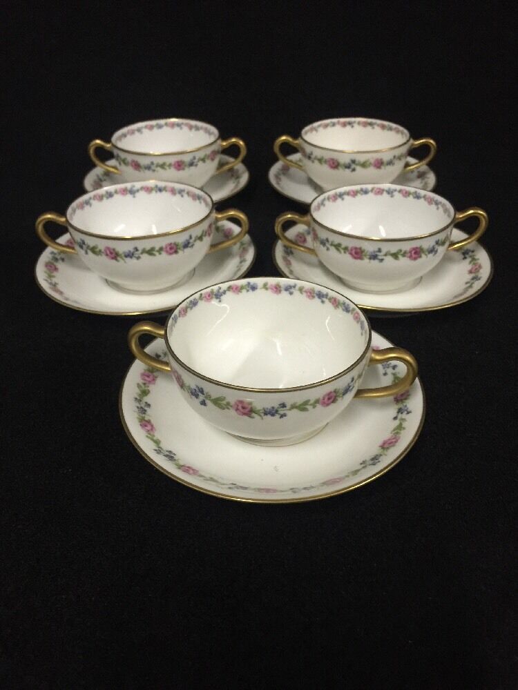 Set Of 5 Antique Theodore Haviland Limoges Bullion Soup Cups And Saucers For VHC