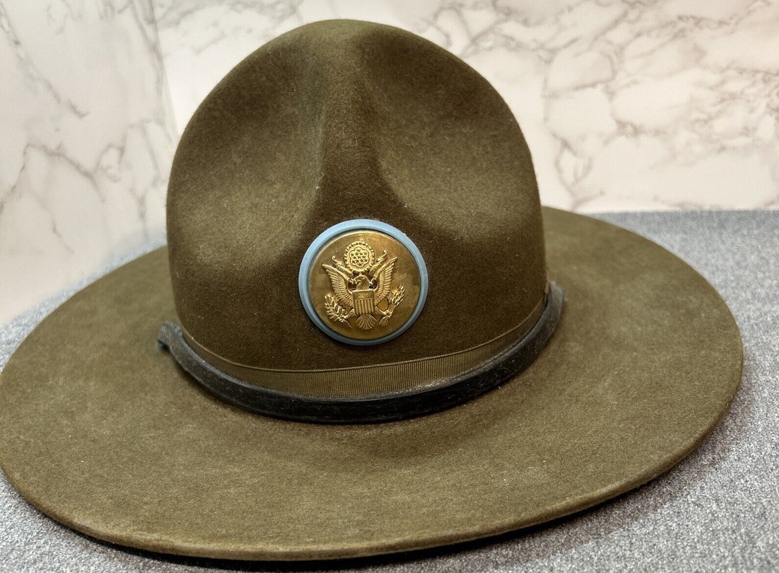 US Army Drill Sergeant Campaign Hat Vietnam Era Leather Chin Strap Military Coll
