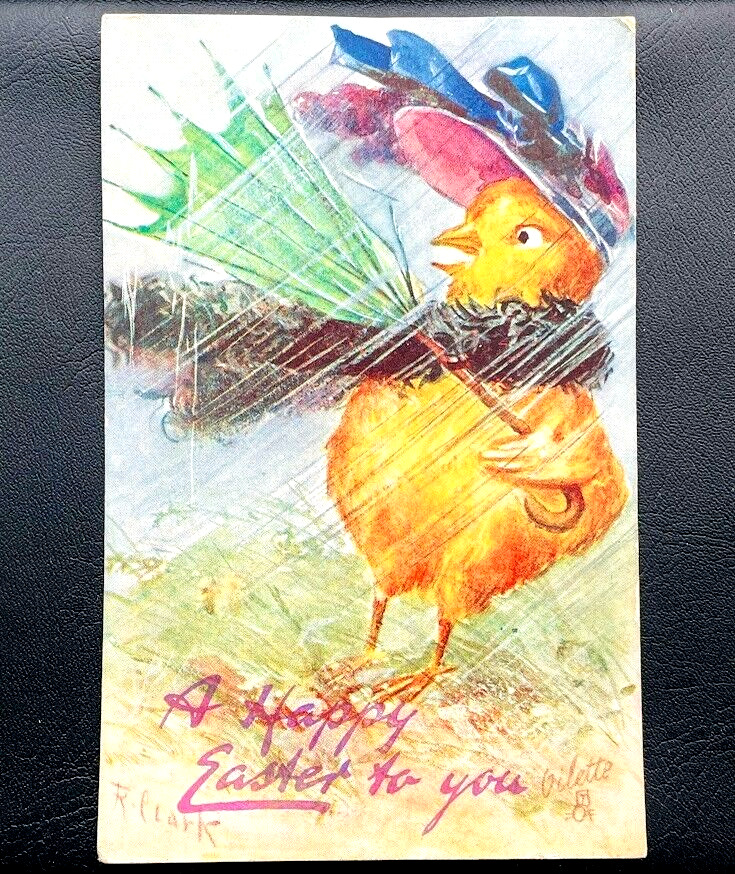 1913 Antique EASTER Greetings Postcard Vintage Postmarked Card Cartoon Chicken