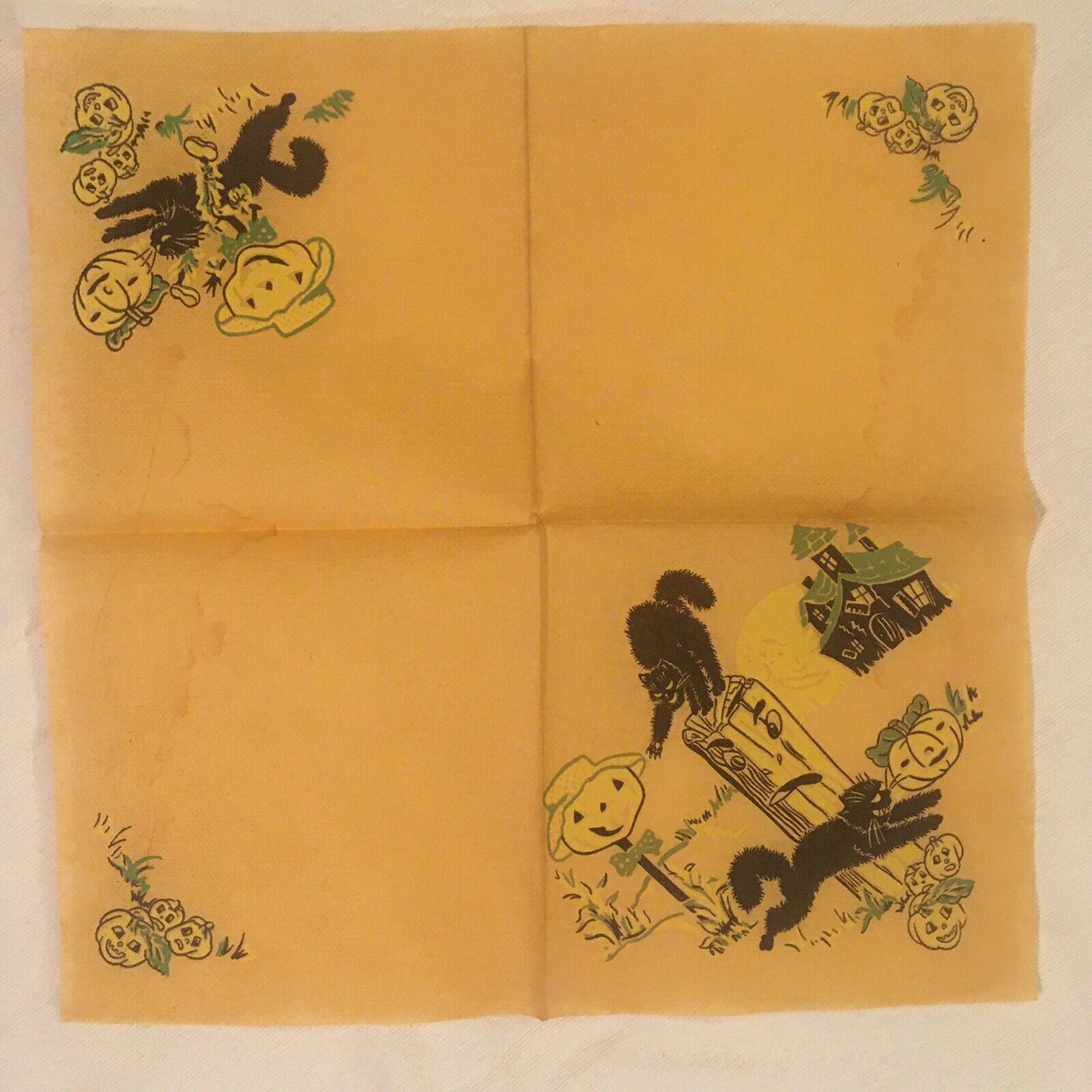 1 (One) Vintage HALLOWEEN Crepe Paper NAPKIN Black Cat Jack O’ Lantern Moon