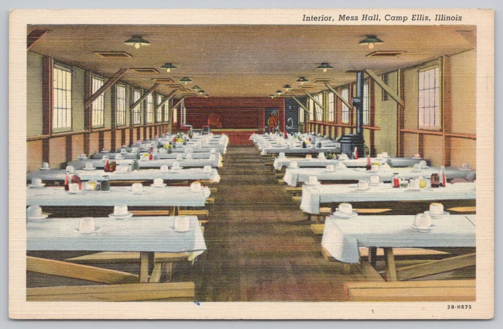 Postcard Mess Hall Interior, Camp Ellis Illinois, c1940s
