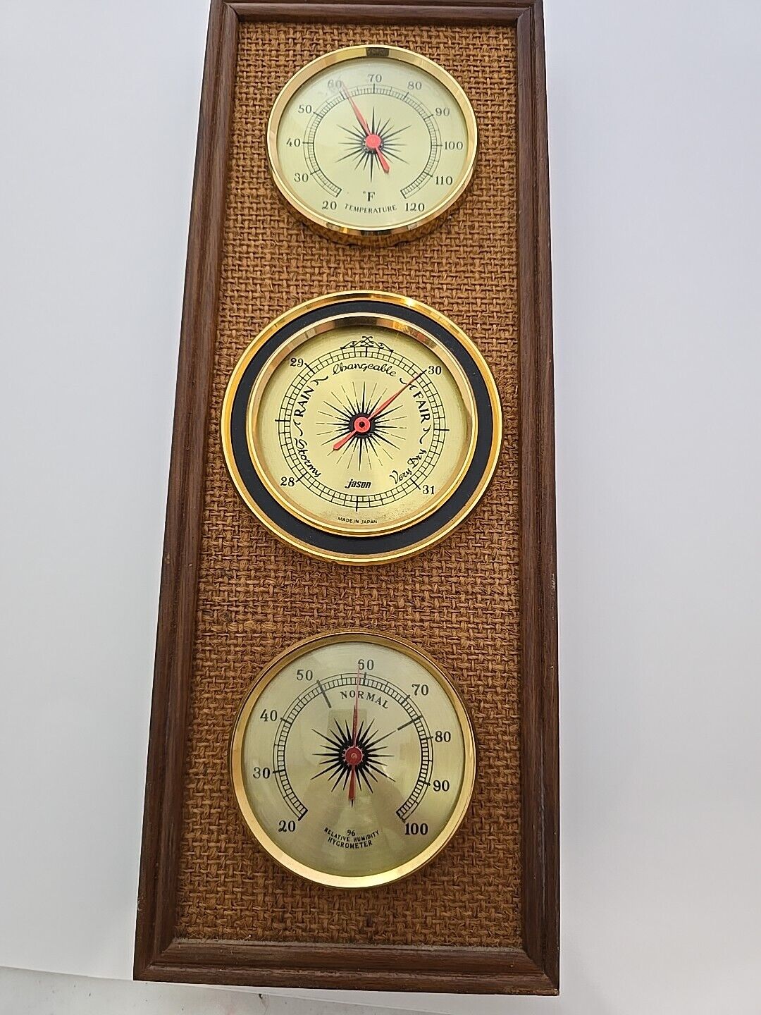 Vintage JASON Weather Station Japan Barometer Temperature Humidity Grasscloth
