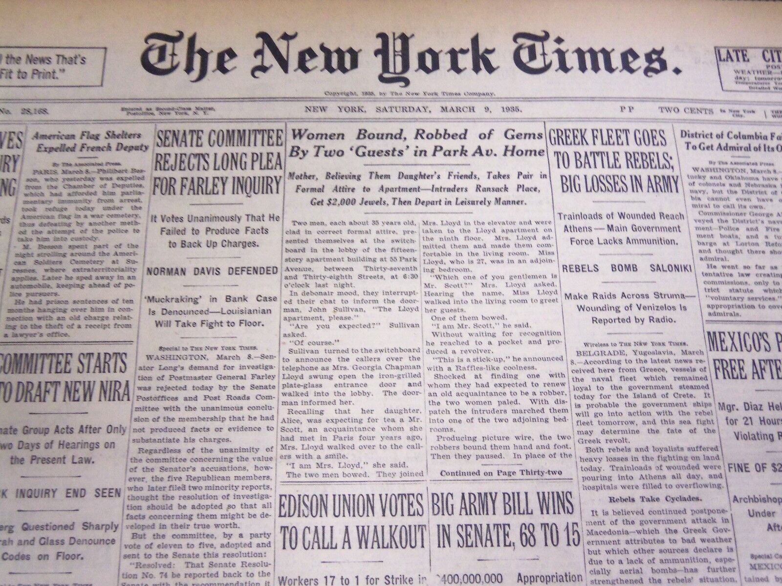 1935 MARCH 9 NEW YORK TIMES - SENATE REJECTS LONG'S PLEA FOR FARLEY - NT 4894