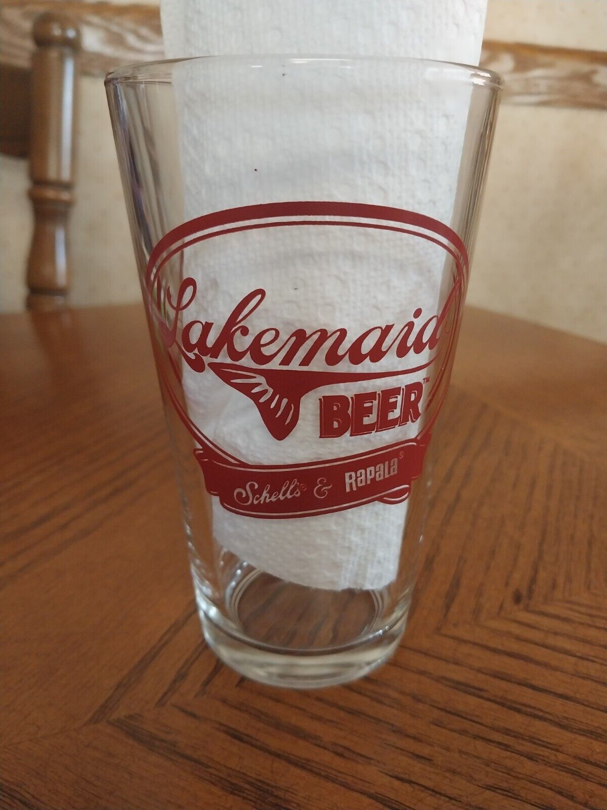 RARE Lakemaid BEER Shell\'s & RAPALA Clear Glass Red Lettering Pint Brewery Glass